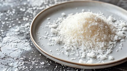 Crisp coconut flakes sprinkled on a modern white dessert plate.