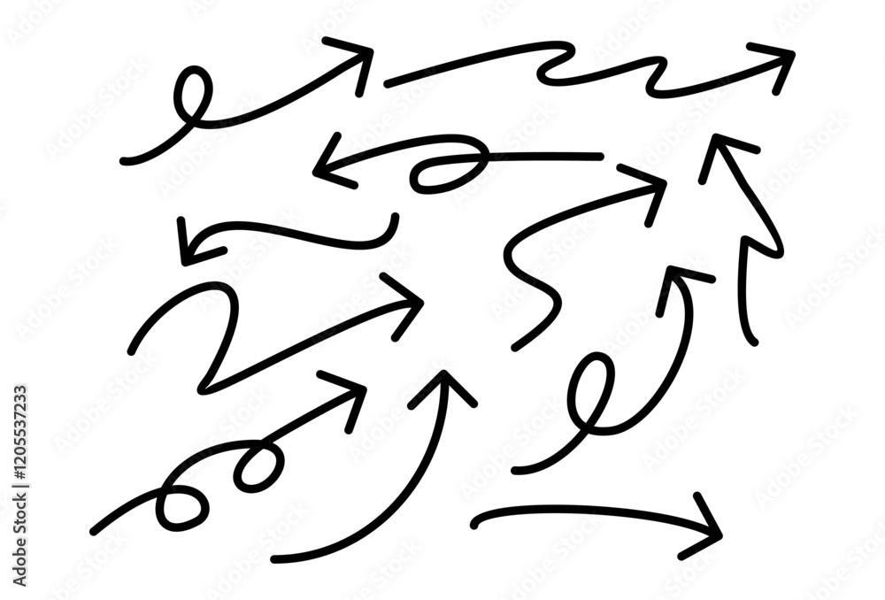 Poster set of arrows on white background. hand drawn elements for design. thin line black arrows in differe