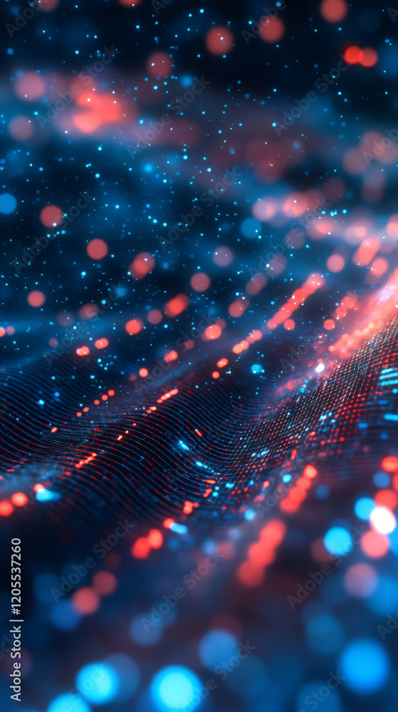 Poster wavy surface with glowing particles flowing on black background creating an abstract digital art con