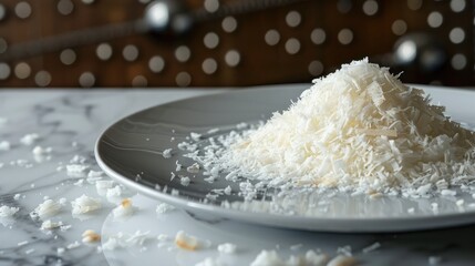 Crisp coconut flakes sprinkled on a modern white dessert plate.