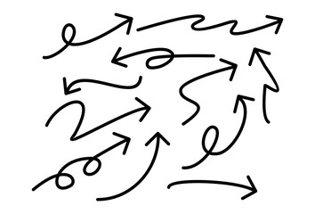 Set of arrows on white background. Hand drawn elements for design. Thin line black arrows in different direction. Doodle icon. vector template