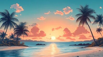 Obraz premium Vibrant vector graphic of a retro camera capturing a serene beachscape, encapsulating the allure of analog photography ::2 vintage aesthetics, coastal memories, tranquil landscapes, dreamy hues, 