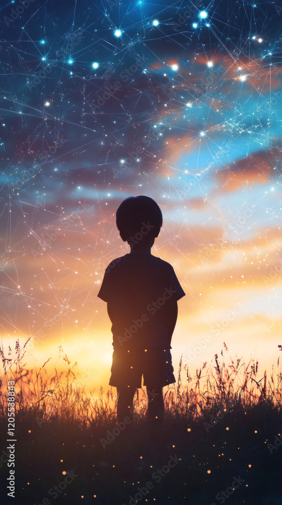 Poster silhouette of child standing in sunset field, tracing glowing network connections overhead