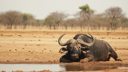 Obraz premium African Buffalo Resting by Waterhole in Arid Landscape