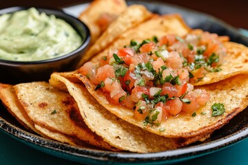 A plate of crispy tortilla chips with a fresh salsa. Generative AI