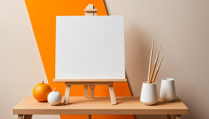 easel with blank canvas on orange background, perfect for art-related content and workshops