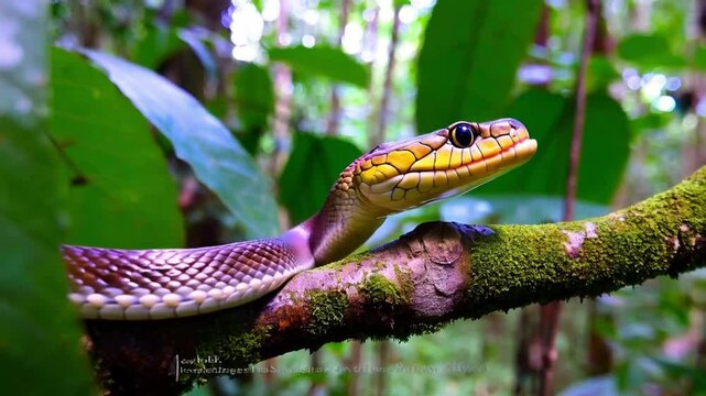 Bush Viper snake (Atheris Squamigera) opening and closing mouth in 4k slow motion.