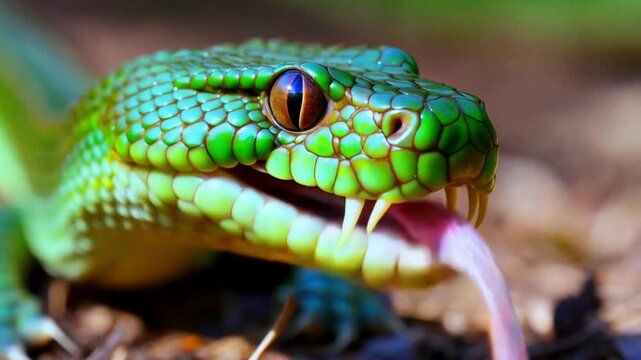 Bush Viper snake (Atheris Squamigera) opening and closing mouth in 4k slow motion.