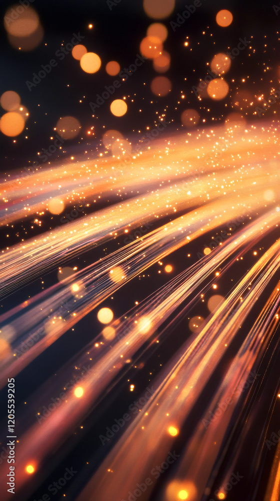 Fototapete Abstract background with golden light trails and particles flowing on a dark background, creating a sense of speed and energy