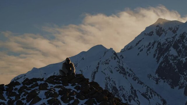 Legendary yeti or abominable snowman sitting on a rocky mountain top partially covered with snow at sunset, observing a range of snowy peaks and cloudy sky with copy space