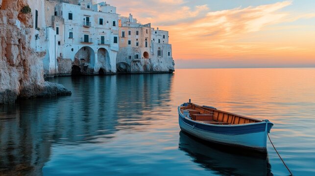 Coastal town with old buildings perched on a cliff overlooking calm water at sunrise with a rowboat