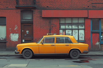 Fototapeta premium Yellow Classic Car Parked Beside a Brick Building