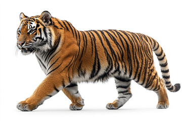 Naklejka premium Majestic Tiger Walking Gracefully Against White Background