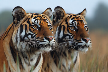 Obraz premium Two Majestic Tigers Observing Their Surroundings