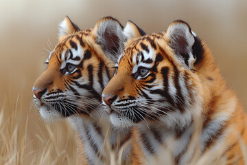 Obraz premium Two Adorable Tiger Cubs Gaze Into The Distance