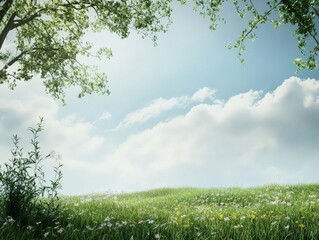 Fototapeta premium A serene landscape with green grass, flowers, and a clear blue sky.