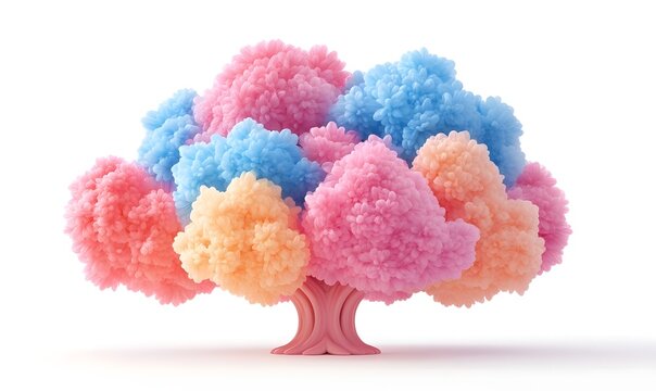 Pastel candy floss tree, digital render, white background, whimsical design, graphic