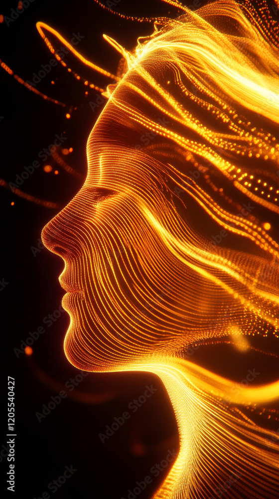 Aufkleber glimmering digital particles morphing into female silhouette, symbolizing ai, data visualization, ma