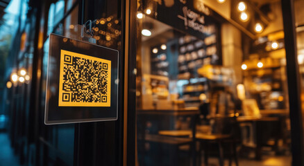 A cafe features a prominent QR code on the entrance, attracting customers to explore menus or deals. Warm lighting enhances the inviting atmosphere of the space.