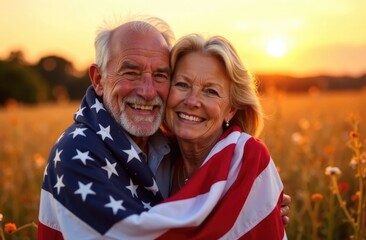 An elderly couple wrapped in an American flag hugs in a field at sunset. The concept of American patriotism.
