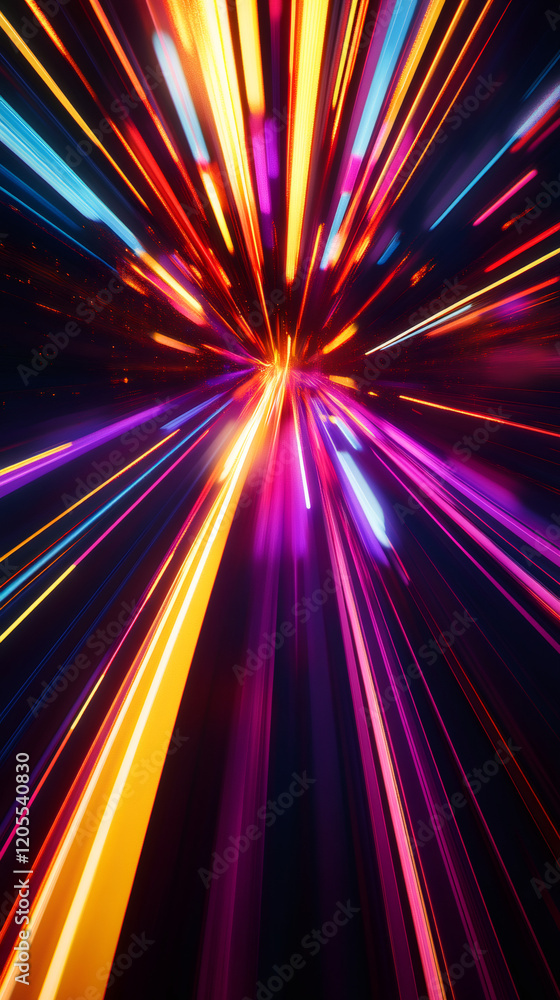 Poster vibrant laser rays intersecting at distant focal point, generating dynamic hyperspace warp visualiza
