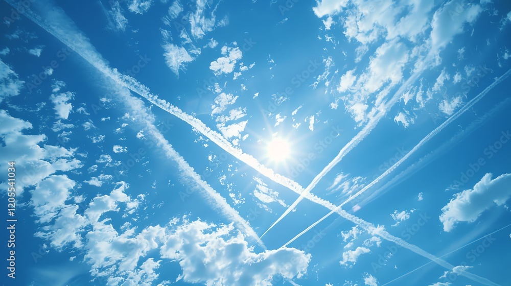 Poster blue sky with white clouds and multiple contrails.