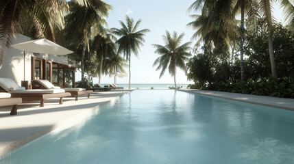 Fototapeta premium Peaceful Poolside Retreat with Palm Trees and Sun Loungers