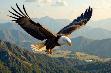 Obraz premium A bald eagle flies over a mountain range. USA Independence Day concept