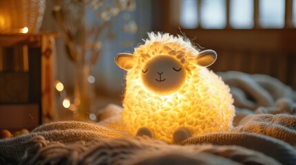 Cute sheep-shaped lamp with a fluffy body emitting a gentle light.