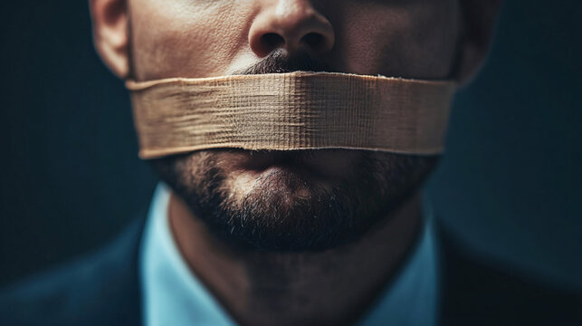 Silenced Voice: Close-up of a man's mouth covered with tape, conveying a powerful message of censorship, suppression, or silenced dissent.