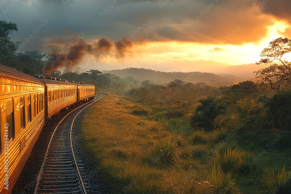 Wall mural Golden Sunset Train Journey Through Lush Tropical Landscape