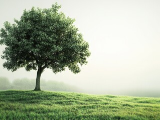 Obraz premium A solitary tree stands on a grassy field, shrouded in soft morning mist.