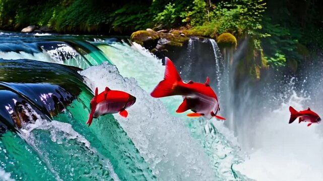 Sockeye Salmon jumping Brooks Falls in Katmai National, Park Alaska, Slow Motion
