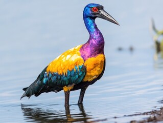 A vibrant Violet-backed Starling standing in shallow water with its multi-colored plumage