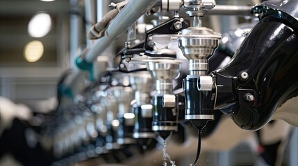 An automated milking suction system with teat cups on a cow's udder, showcasing the efficiency of modern agricultural equipment at a dairy trade show