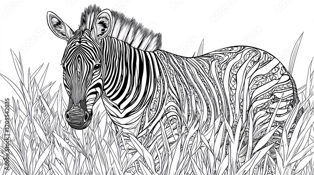 Poster intricate line art of a zebra with flowing patterns standing amidst tall grass illustration