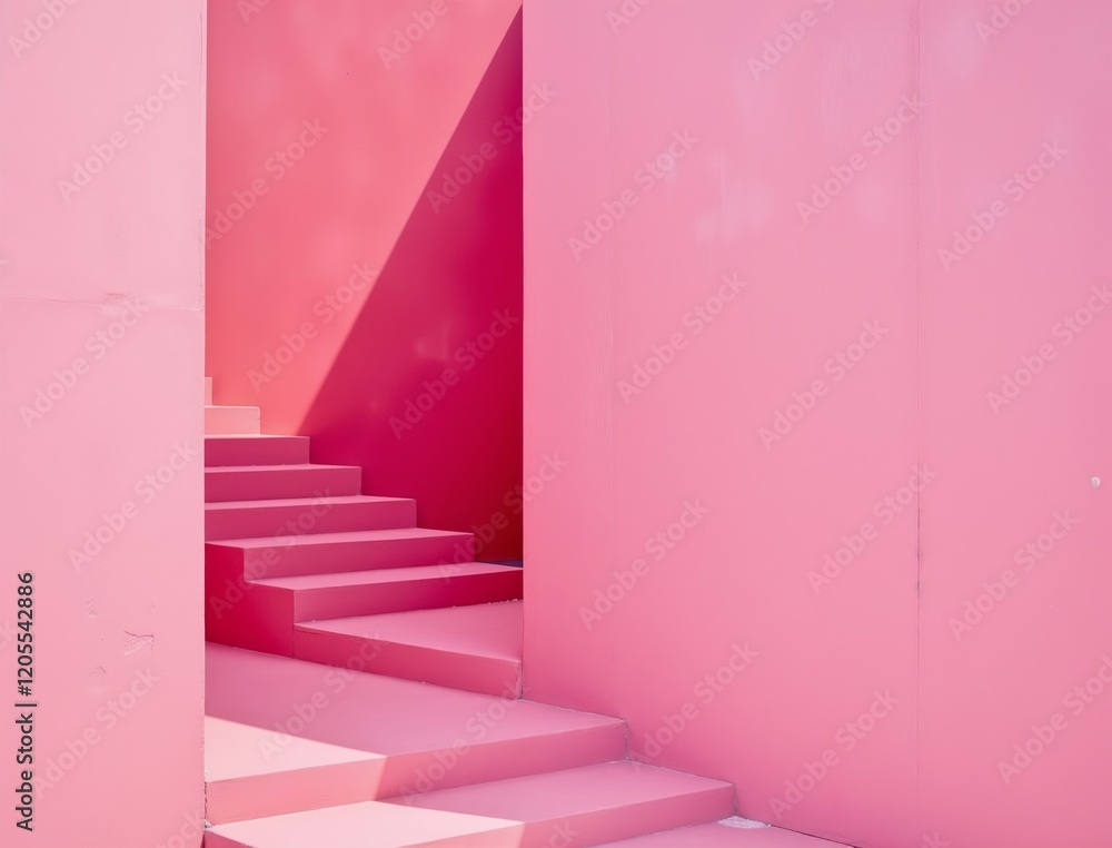 Poster modern abstract image featuring a set of pink concrete stairs and walls, creating a minimalist and g