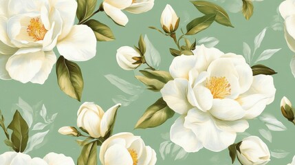 Gardenia Elegance, intricate white gardenias on a soft green backdrop, perfect for textiles or wallpaper design, seamless pattern ideal for elegant decor