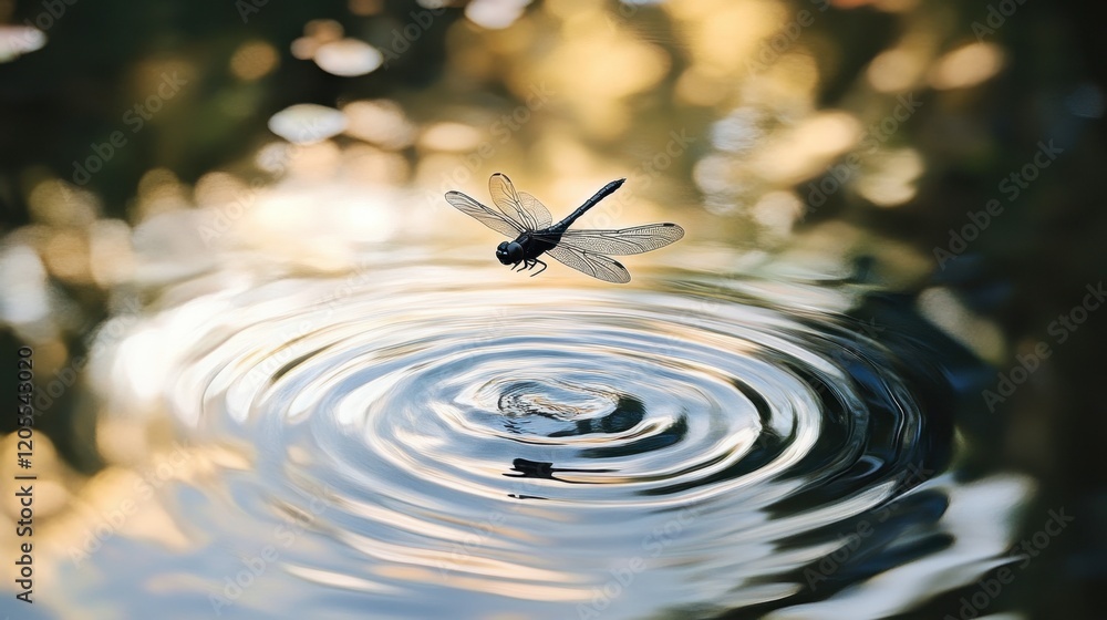 Poster dragonfly hovering above water surface creating rippling effects