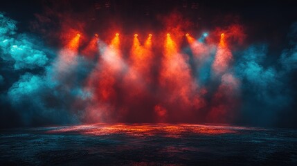 Vibrant stage lights illuminating a foggy performance space, creating an energetic atmosphere
