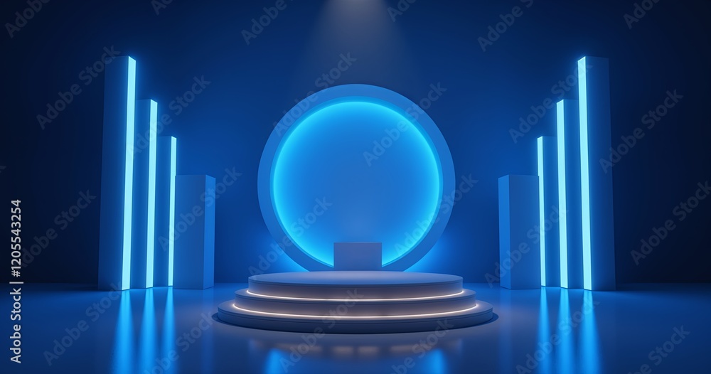 Poster futuristic, minimalistic 3d rendering of a blue and white podium with neon lights. it's perfect for 