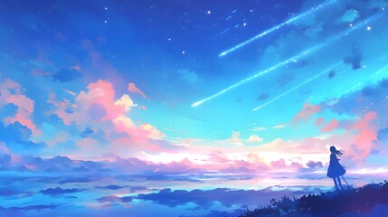 Naklejka premium Cloud-filled anime sky with cosmic stars, a scene full of tranquility and exploration, digital anime art