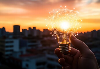 A hand grips a glowing light bulb as digital connections form in the backdrop of a vibrant sunset cityscape, embodying innovative ideas