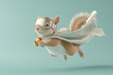 Squirrel in a Silver Superhero Costume Soaring With an Acorn Against a Dark Green Background
