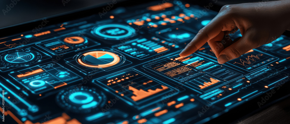 Poster hand interacting with futuristic touchscreen displaying data visualizations and graphs, showcasing t