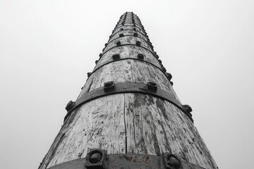 Tall weathered wooden pole, banded with metal.
