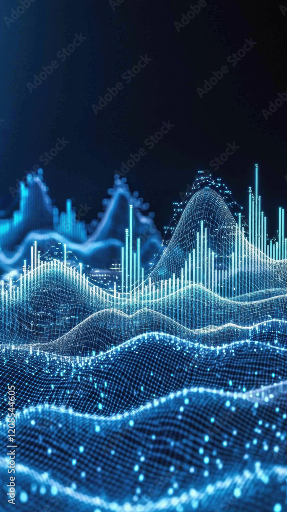 Poster high tech data visualization of financial trends and analytics, showcasing dynamic waves and peaks i