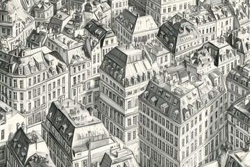Obraz premium Aerial View of Urban Architecture Featuring Intricate Rooflines and Detailed Facades in a Classic European Cityscape Style