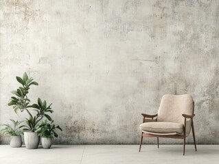 A minimalist interior scene featuring a chair and potted plants against a textured wall.