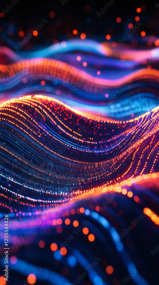 Fototapete colorful digital wave particles flowing in virtual reality cyberspace, big data visualization, 3d re